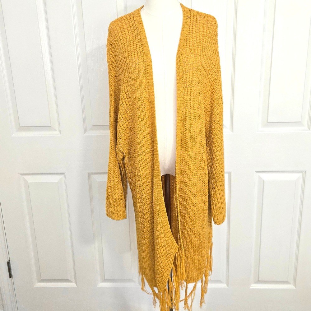 L Love Cardigan Womens 1XL/2XL Mustard Yellow Open Front Fringe Longline Boho